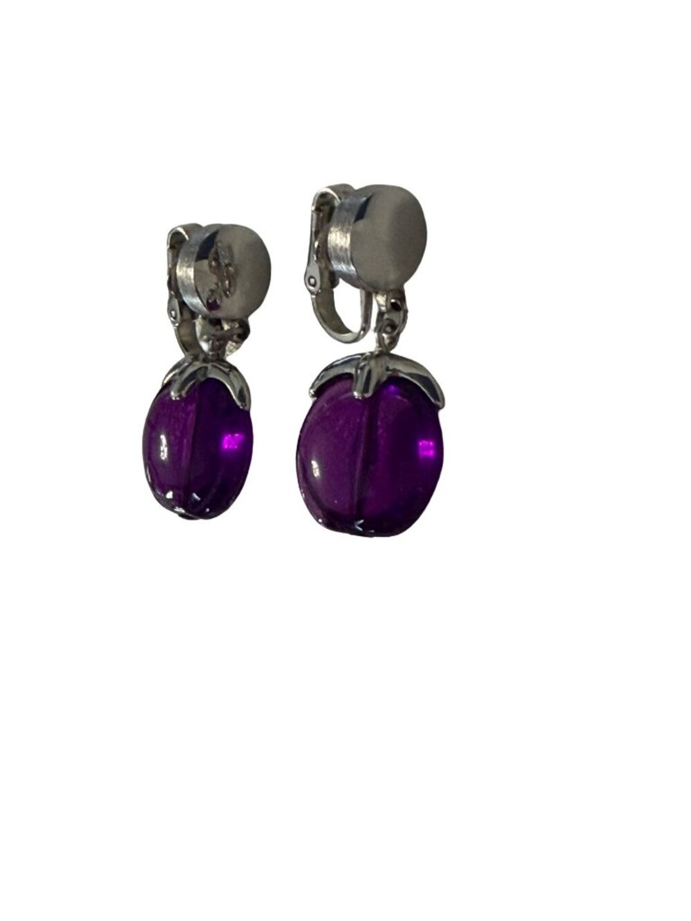 Vintage Purple Lucite Clip On Earrings Silver Tone Dangle Earrings Retro Costume